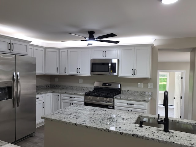 1251 Kingston Ave, Flint, MI 48507 - kitchen with appliances with stainless steel finishes, a ceiling fan, white cabinets, light stone countertops, and wood finished floors