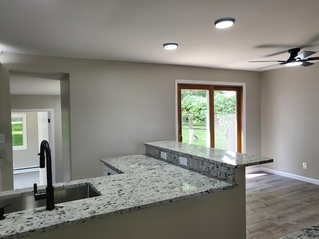 1251 Kingston Ave, Flint, MI 48507 - kitchen with a ceiling fan, plenty of natural light, wood finished floors, and light stone countertops