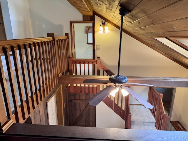 5200 Pine Grove Dr, Spruce, MI 48762 - stairway with lofted ceiling, wooden ceiling, and ceiling fan