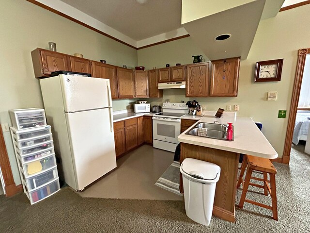 380 Church St, Saint Ignace, MI 49781 - kitchen featuring white appliances, a peninsula, dark carpet, brown cabinetry, and under cabinet range hood