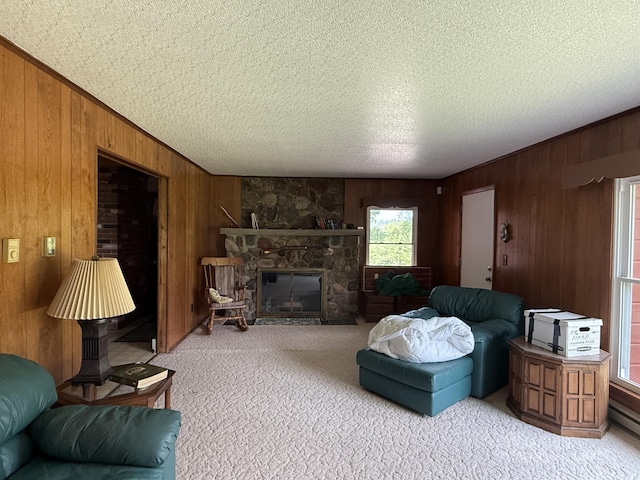 5913 M-33, Cheboygan, MI 49721 - living room featuring wooden walls, carpet, a stone fireplace, and a textured ceiling