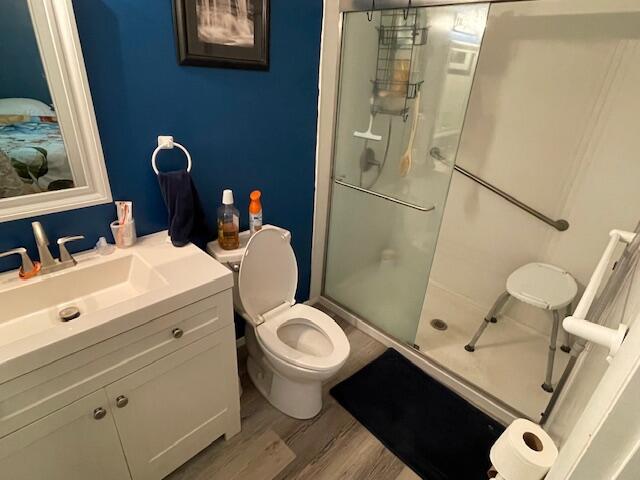 95 Caduca Ln, Roscommon, MI 48653 - full bathroom featuring a shower stall, vanity, and wood finished floors