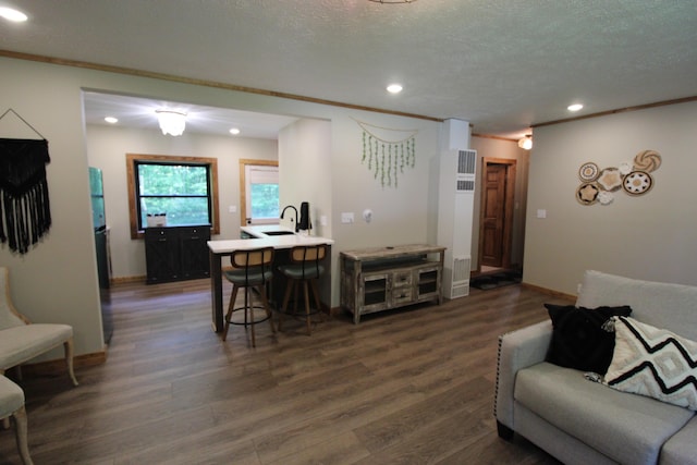 211 Daytona Rd, Roscommon, MI 48653 - living area featuring recessed lighting, dark wood finished floors, a textured ceiling, and ornamental molding