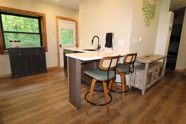 211 Daytona Rd, Roscommon, MI 48653 - kitchen with wood finished floors, a kitchen breakfast bar, light countertops, dishwasher, and a peninsula