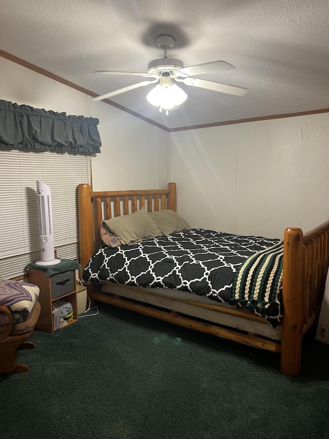 577 Wilderness Trl, Saint Helen, MI 48656 - carpeted bedroom with crown molding, a textured ceiling, and a ceiling fan