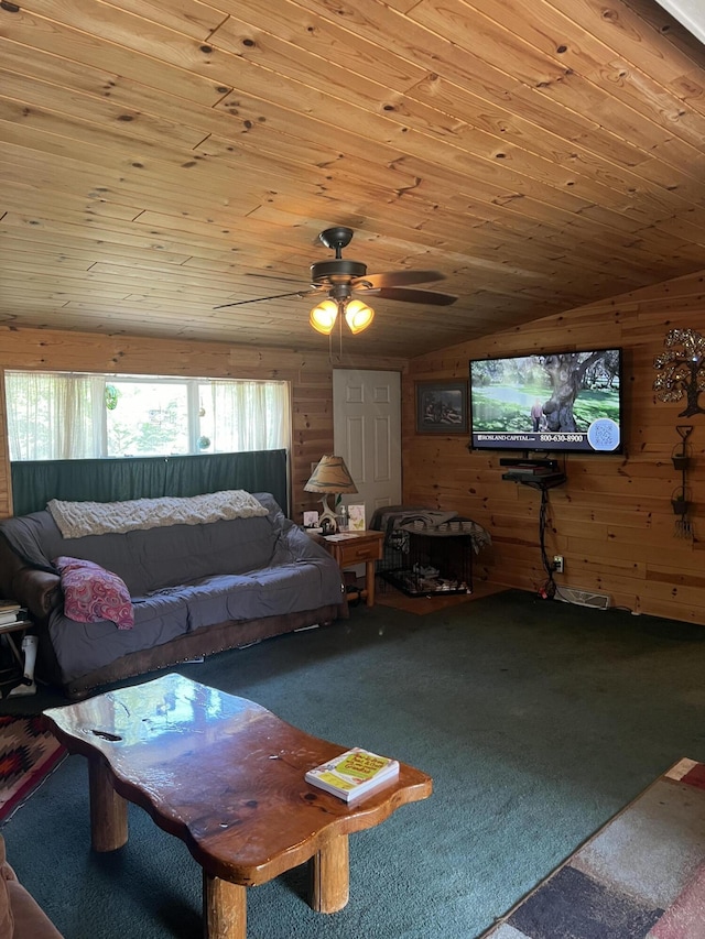 577 Wilderness Trl, Saint Helen, MI 48656 - carpeted living area featuring lofted ceiling, ceiling fan, and wooden walls