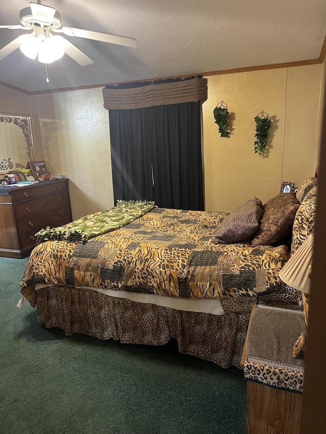 577 Wilderness Trl, Saint Helen, MI 48656 - carpeted bedroom featuring ornamental molding, ceiling fan, and a textured ceiling