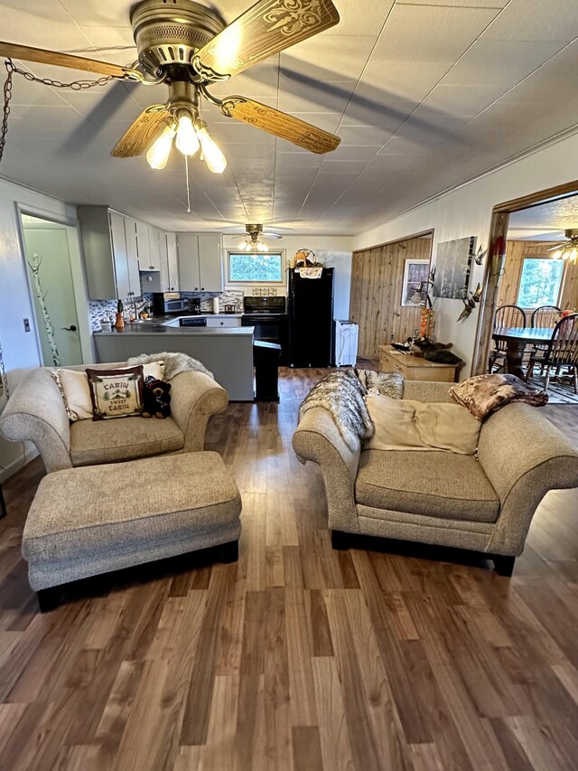 14781 Shubert Hwy, Posen, MI 49776 - living room featuring a ceiling fan and dark wood finished floors