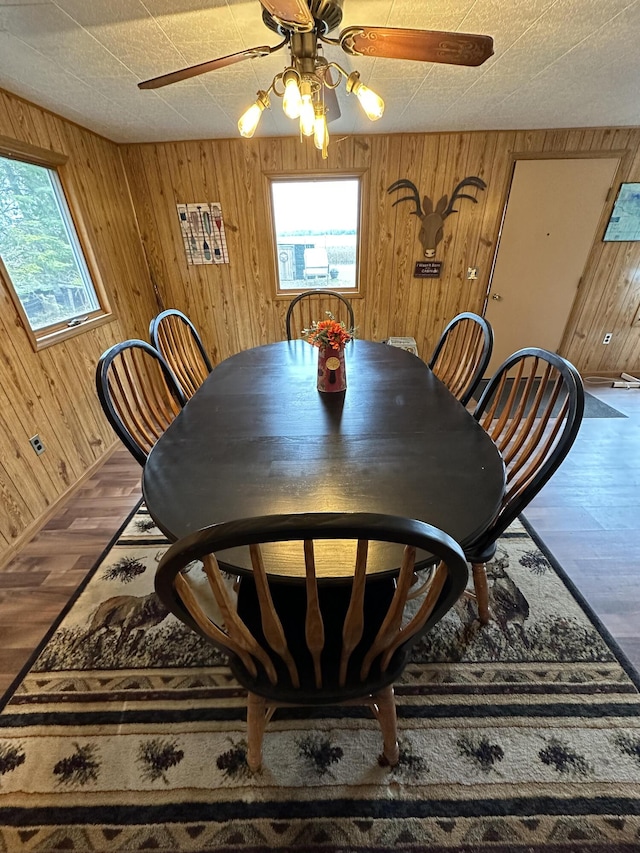 14781 Shubert Hwy, Posen, MI 49776 - dining space with healthy amount of natural light, wooden walls, wood finished floors, and a ceiling fan