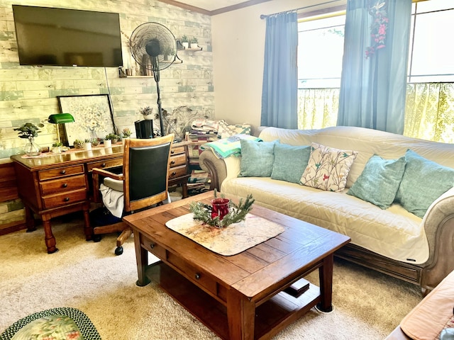 1604 Harrison Ave, Cheboygan, MI 49721 - living room featuring carpet flooring, crown molding, and wooden walls
