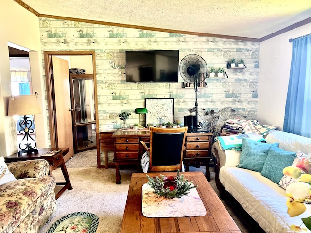 1604 Harrison Ave, Cheboygan, MI 49721 - carpeted living area featuring wooden walls, crown molding, and vaulted ceiling