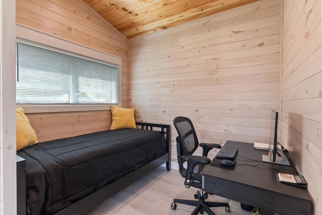 2960 W US-23 Hwy, Cheboygan, MI 49721 - bedroom featuring wooden ceiling, wood walls, vaulted ceiling, and wood finished floors