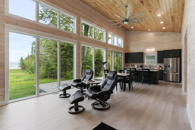 2960 W US-23 Hwy, Cheboygan, MI 49721 - sunroom featuring high vaulted ceiling, wooden ceiling, a water view, wooden walls, and recessed lighting