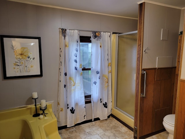 3211 S Partridge Point Rd, Alpena, MI 49707 - bathroom featuring a stall shower, a garden tub, and crown molding