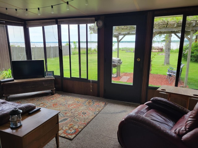 3211 S Partridge Point Rd, Alpena, MI 49707 - sunroom / solarium featuring a water view, plenty of natural light, carpet, and track lighting