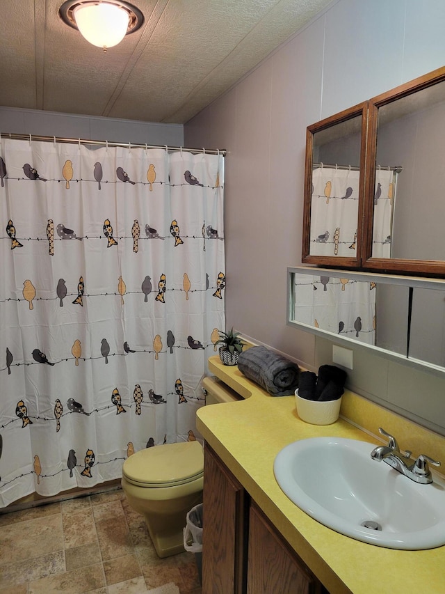 3211 S Partridge Point Rd, Alpena, MI 49707 - bathroom featuring vanity, stone finish flooring, and a shower with curtain