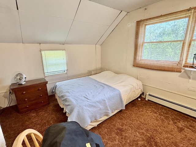 7770 Klein Rd, Hillman, MI 49746 - bedroom featuring lofted ceiling, carpet floors, and a baseboard radiator
