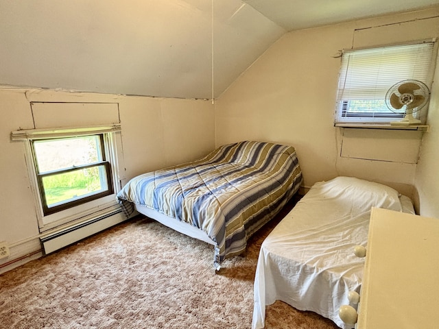 7770 Klein Rd, Hillman, MI 49746 - bedroom featuring lofted ceiling, baseboard heating, and carpet floors