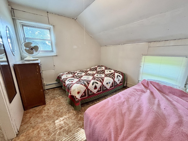 7770 Klein Rd, Hillman, MI 49746 - carpeted bedroom with vaulted ceiling and baseboard heating