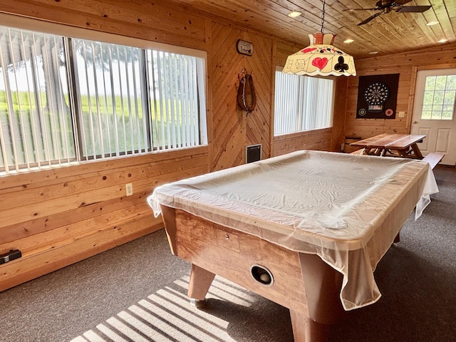 7770 Klein Rd, Hillman, MI 49746 - game room featuring carpet flooring, pool table, wooden walls, wood ceiling, and a ceiling fan