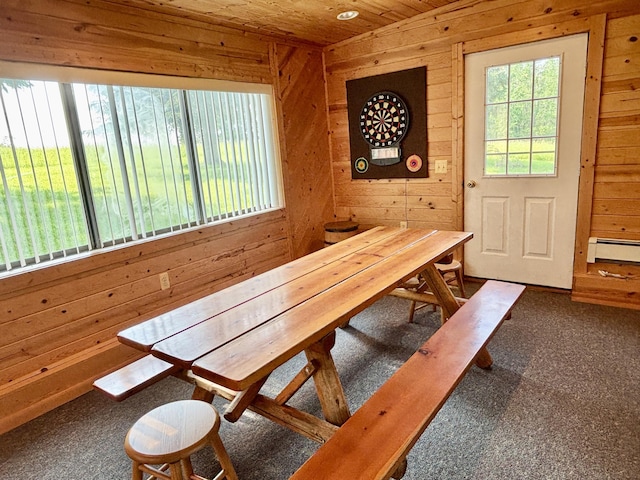 7770 Klein Rd, Hillman, MI 49746 - dining space with wood walls, carpet flooring, baseboard heating, and wood ceiling
