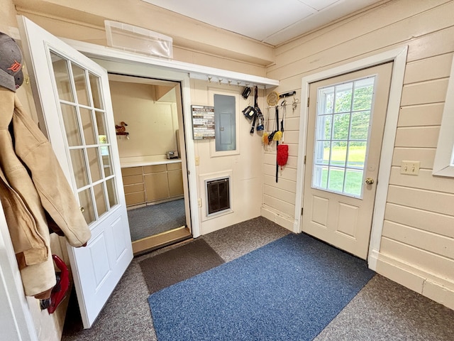 7770 Klein Rd, Hillman, MI 49746 - entryway with electric panel, wooden walls, and dark colored carpet