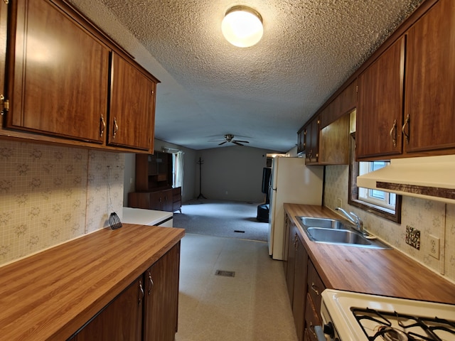 3178 Tobias Rd, Elmira, MI 49730 - kitchen with butcher block counters, a textured ceiling, a ceiling fan, white appliances, and light floors