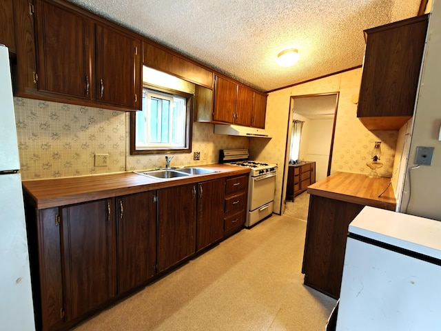 3178 Tobias Rd, Elmira, MI 49730 - kitchen with white appliances, wood counters, under cabinet range hood, a textured ceiling, and lofted ceiling