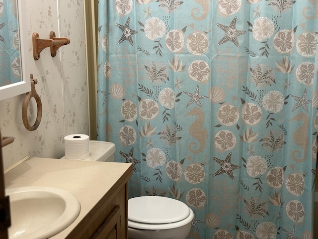 348 Lake Winyah Rd, Alpena, MI 49707 - bathroom with vanity, wallpapered walls, and a shower with shower curtain