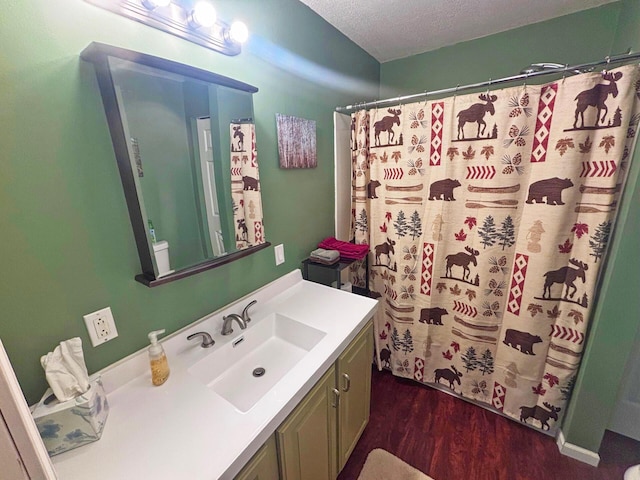 5514 N Bay Ct, Presque Isle, MI 49777 - full bath featuring vanity, wood finished floors, a textured ceiling, and a shower with shower curtain