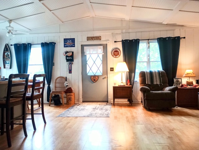 223 Mallard Ave, Houghton Lake, MI 48629 - foyer entrance with light wood-style flooring, vaulted ceiling, and a ceiling fan