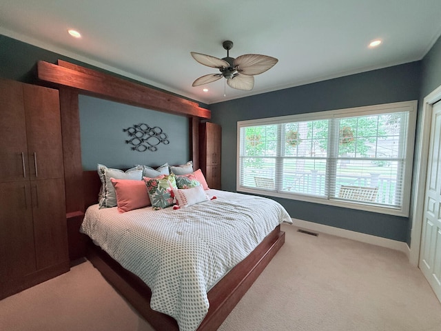 129 Ethel Dr, Roscommon, MI 48653 - bedroom with light colored carpet, recessed lighting, and a ceiling fan