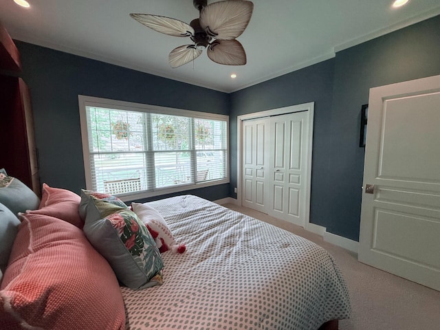 129 Ethel Dr, Roscommon, MI 48653 - bedroom featuring a closet, recessed lighting, light carpet, ceiling fan, and crown molding