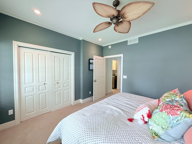 129 Ethel Dr, Roscommon, MI 48653 - carpeted bedroom featuring a closet, ceiling fan, recessed lighting, and crown molding