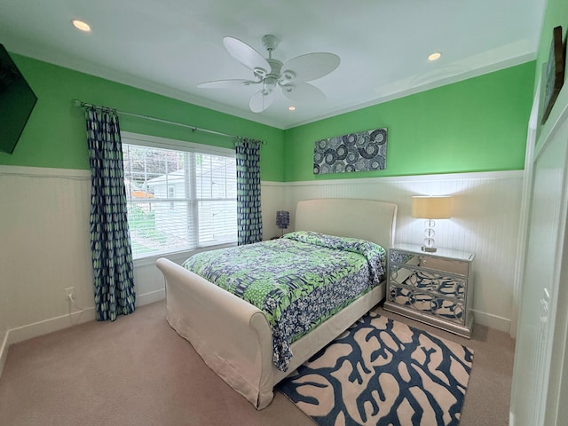 129 Ethel Dr, Roscommon, MI 48653 - carpeted bedroom with a wainscoted wall, ceiling fan, and recessed lighting