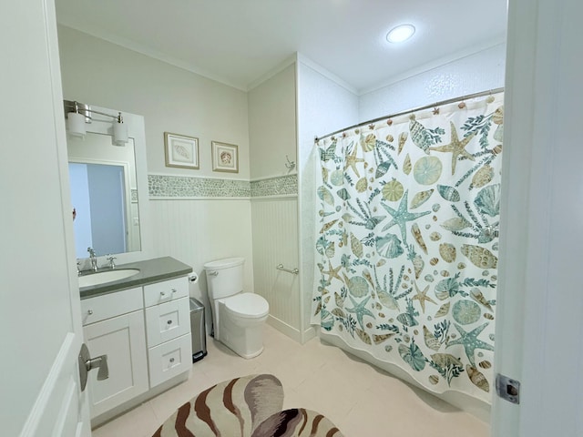 129 Ethel Dr, Roscommon, MI 48653 - bathroom with vanity, tile patterned floors, wainscoting, shower / bath combination with curtain, and recessed lighting