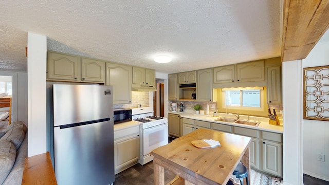213 Devonshire Dr, Prudenville, MI 48651 - kitchen with freestanding refrigerator, white gas stove, black microwave, under cabinet range hood, and tasteful backsplash