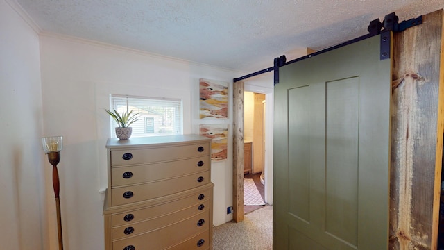 213 Devonshire Dr, Prudenville, MI 48651 - bedroom featuring a barn door, ornamental molding, a textured ceiling, and light carpet