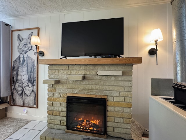 213 Devonshire Dr, Prudenville, MI 48651 - detailed view of a fireplace, crown molding, and a textured ceiling