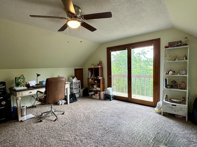 7984 US-23, Cheboygan, MI 49721 - home office with lofted ceiling, carpet floors, and ceiling fan