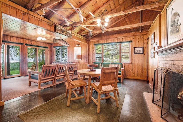 451 Gower Ln, Cheboygan, MI 49721 - dining area featuring wooden ceiling, wooden walls, and a warm lit fireplace