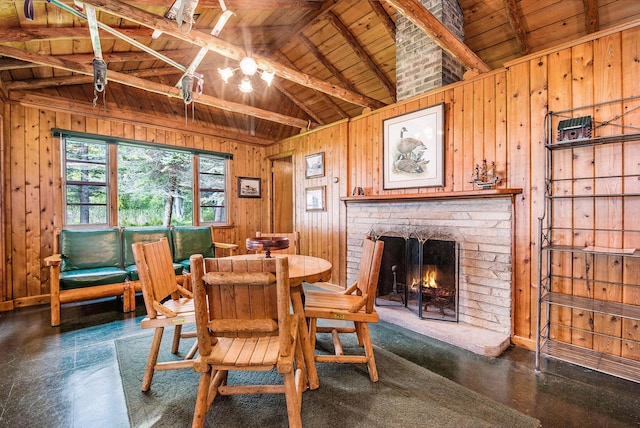 451 Gower Ln, Cheboygan, MI 49721 - dining room featuring wooden ceiling, wooden walls, and a fireplace