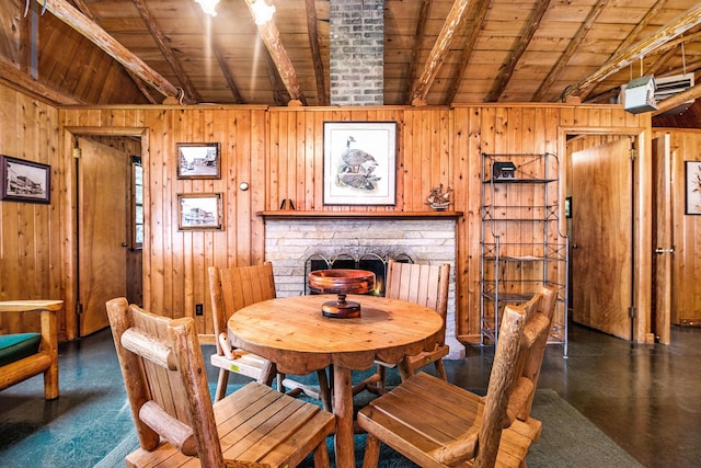 451 Gower Ln, Cheboygan, MI 49721 - dining area featuring a wooden ceiling with exposed beams and wooden walls