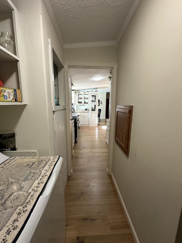 1632 Lakeview Dr, Alpena, MI 49707 - hallway featuring a textured ceiling, light wood finished floors, and ornamental molding