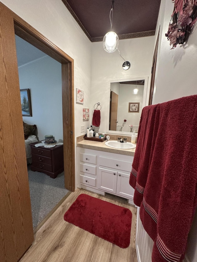 1632 Lakeview Dr, Alpena, MI 49707 - bathroom with ornamental molding, wood finished floors, and vanity