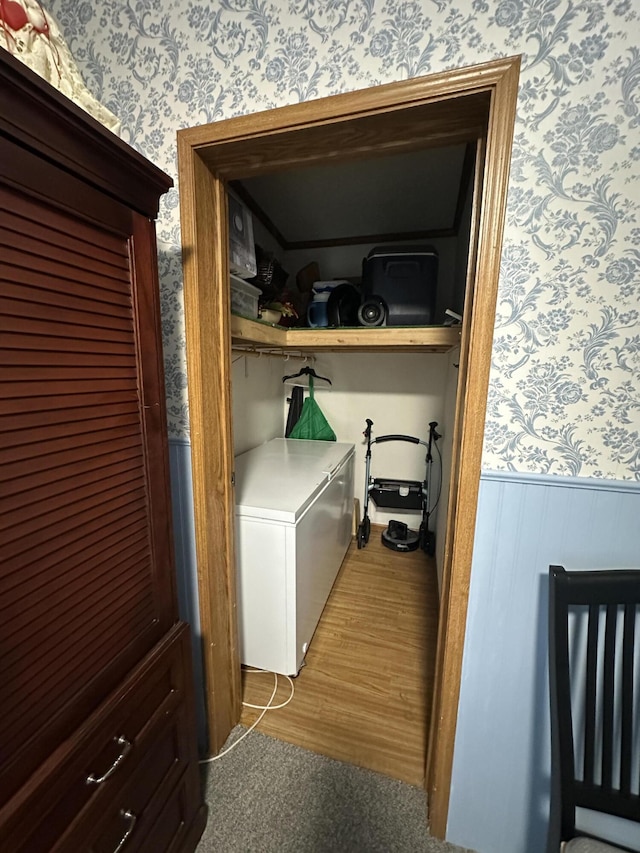 1632 Lakeview Dr, Alpena, MI 49707 - washroom featuring wallpapered walls, a wainscoted wall, and carpet flooring