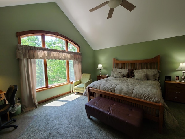5825 Arawak Pass, Gaylord, MI 49735 - carpeted bedroom featuring ceiling fan and high vaulted ceiling