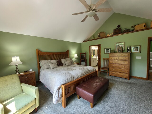 5825 Arawak Pass, Gaylord, MI 49735 - carpeted bedroom with ensuite bath, high vaulted ceiling, and a ceiling fan