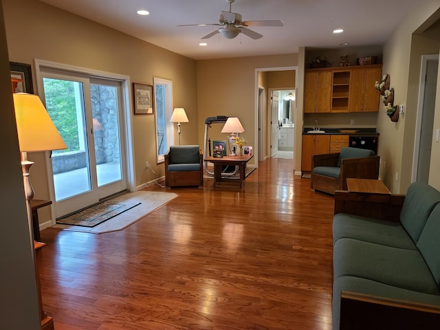 5825 Arawak Pass, Gaylord, MI 49735 - living room featuring wood finished floors, recessed lighting, and a ceiling fan