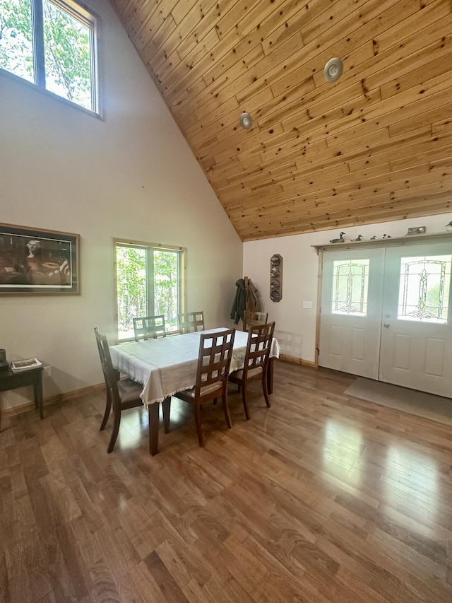 18440 Hardwood Trl, Hillman, MI 49746 - dining area with high vaulted ceiling, plenty of natural light, wood finished floors, and wooden ceiling